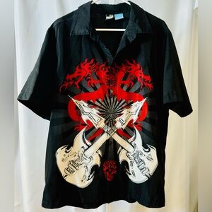 Phy. Sci. Short Sleeve Y2K Rock & Roll Button up Shirt Dragon Guitar‎ Skull Sz L